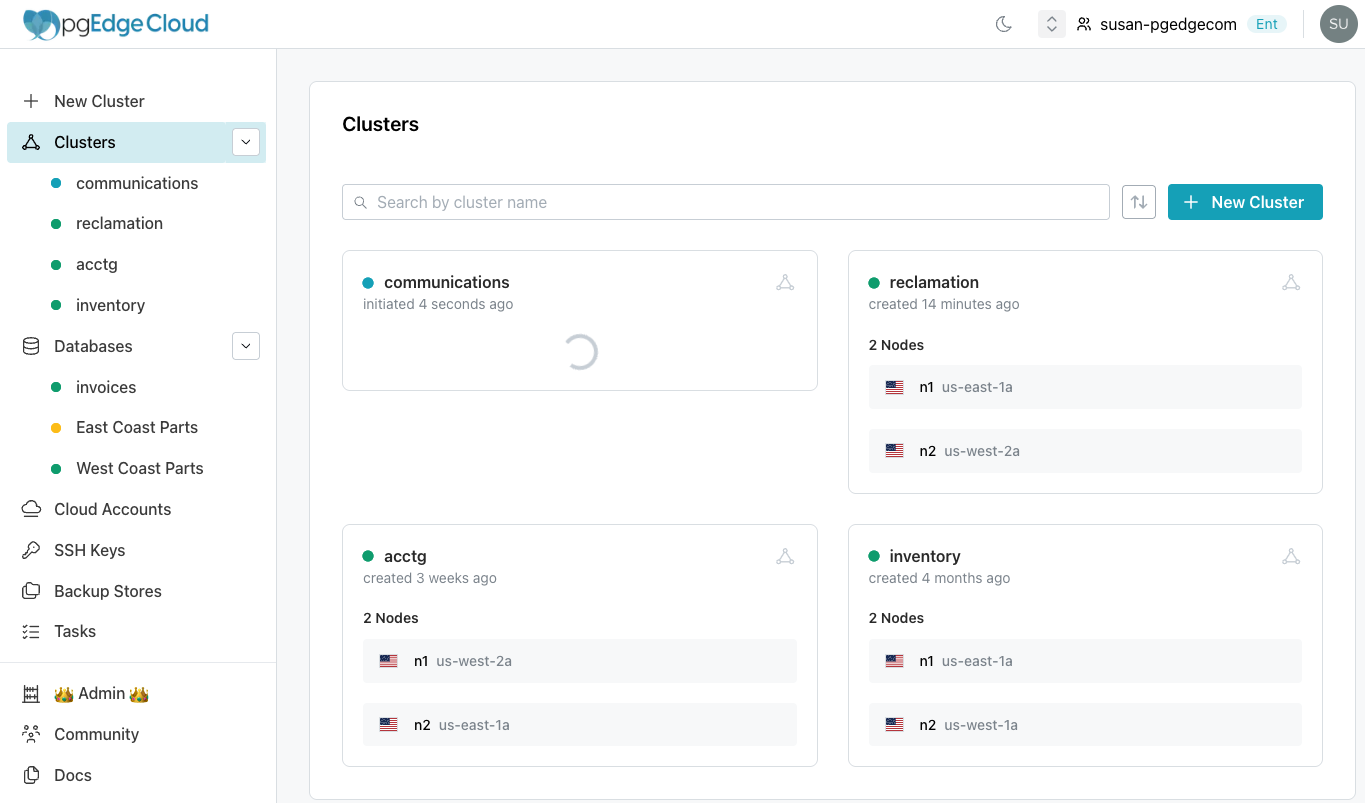 Displaying the currently defined clusters