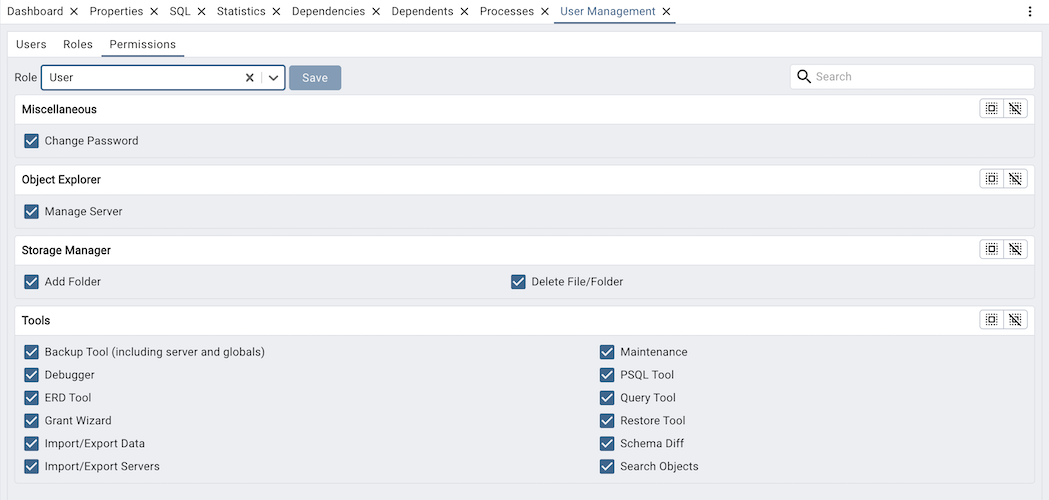 pgAdmin permissions management window